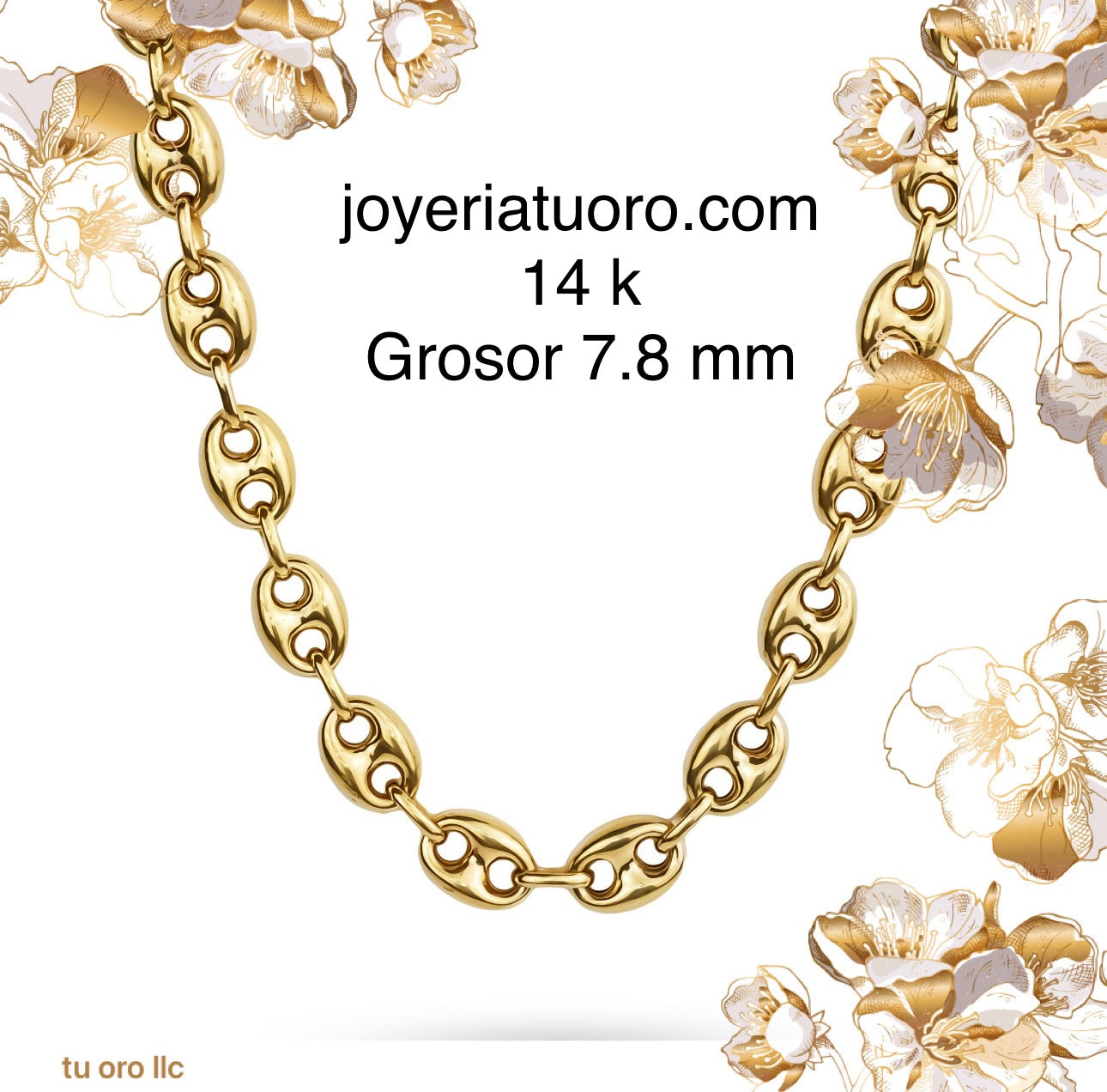 Cadena, eslabon grano de cafe o gucci, grueso 7.8 mm, oro 14k. - TU ORO LLC