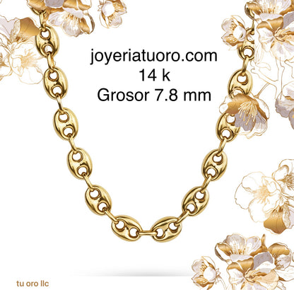 Cadena, eslabon grano de cafe o gucci, grueso 7.8 mm, oro 14k. - TU ORO LLC